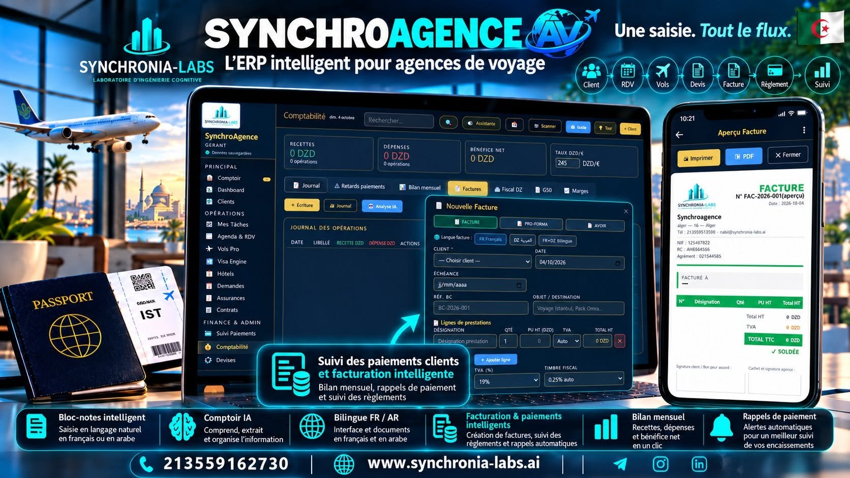 SynchroAgence — comptabilité, suivi des paiements et facturation bilingue