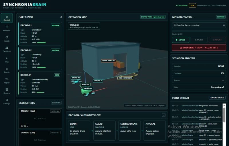 SynchroniaBrain — station de contrôle : statut de la flotte, World Model 3D, chaîne Brain → Guard → Command Gate → Physical