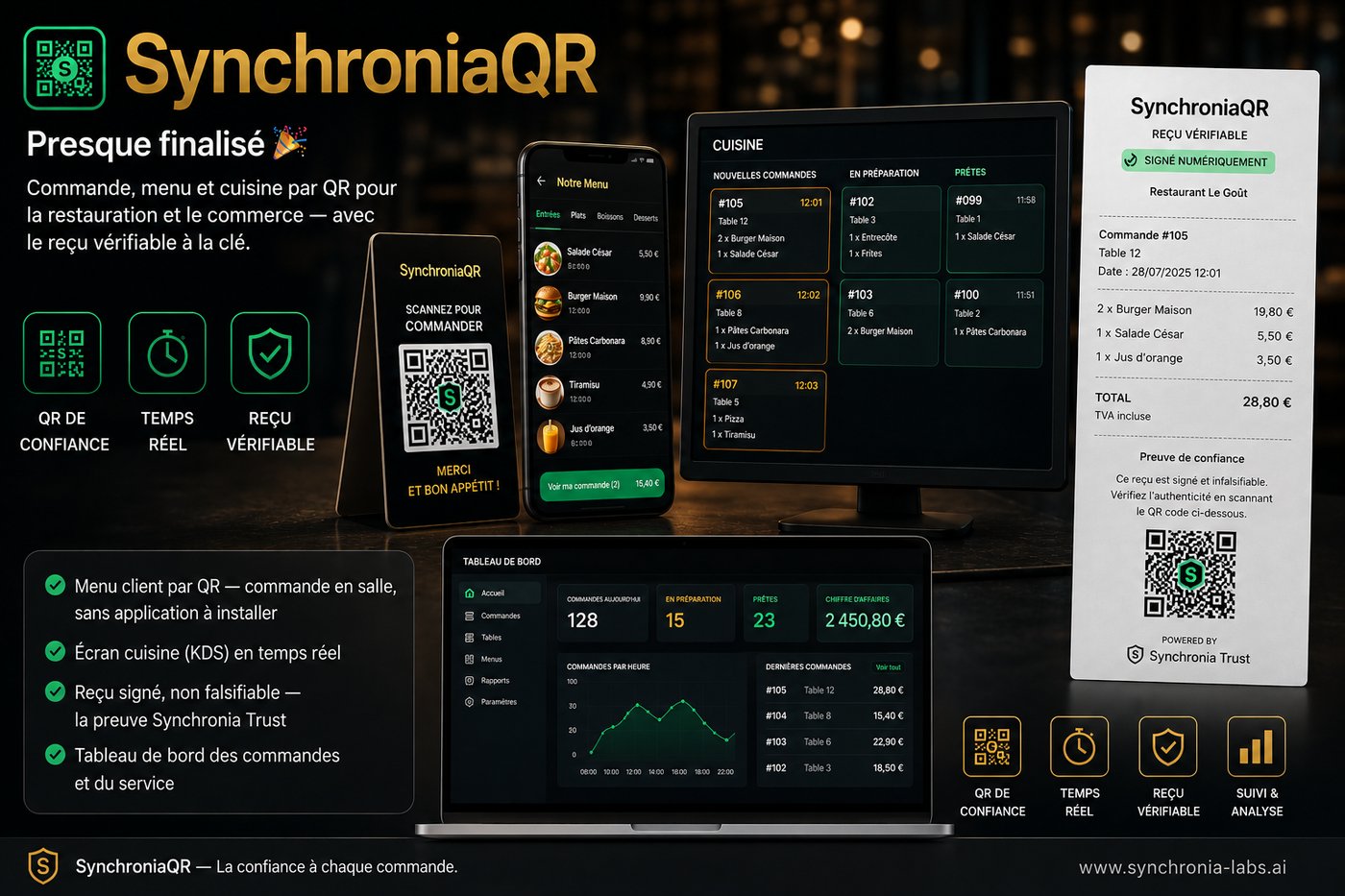 SynchroniaQR — commande et menu par QR, écran cuisine et reçu vérifiable